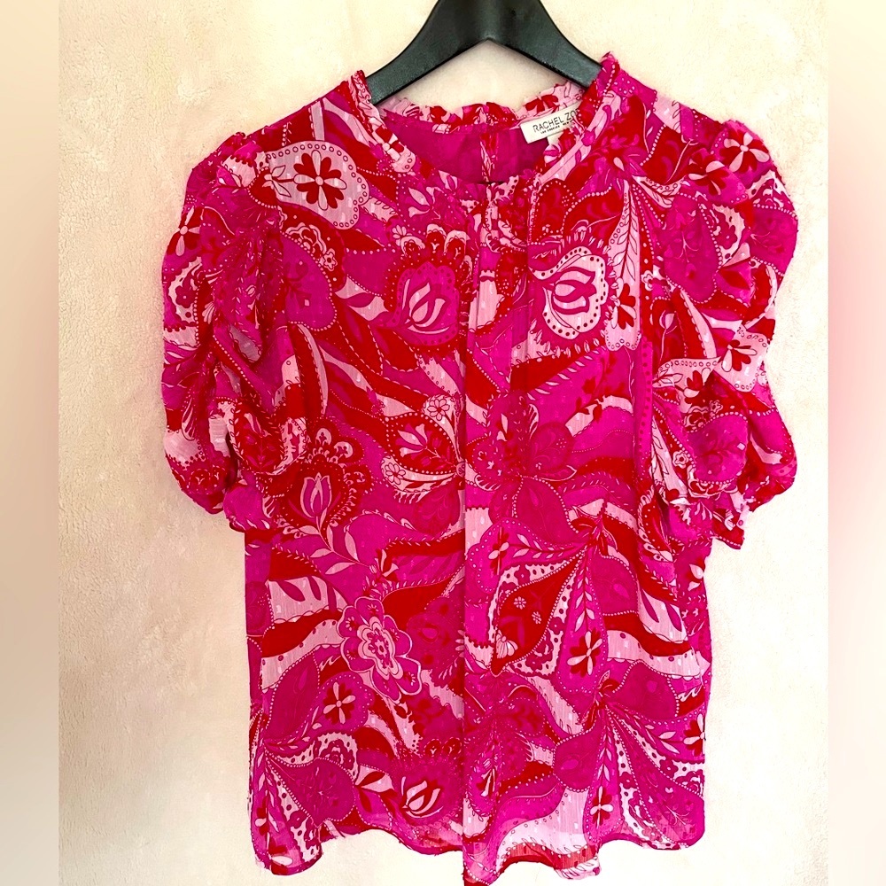 Rachel Zoe Women’s Top Textured Pink Red Paisley Print Blouse